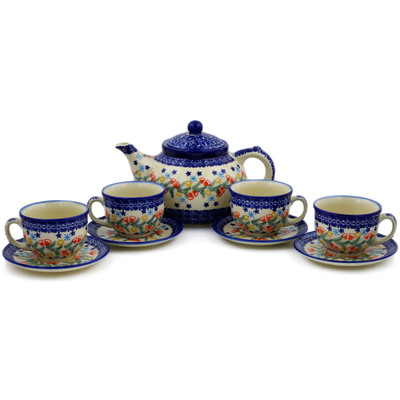 Polish Pottery 9-Piece Tea Coffee Set for Four Wreath Of Bealls