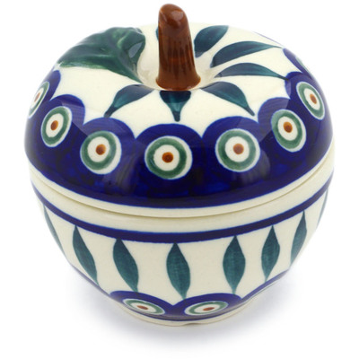 Polish Pottery Apple Shaped Jar 3&quot; Peacock Leaves