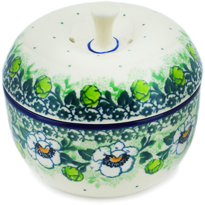 Polish Pottery Apple Shaped Jar 4&quot; Green Flora