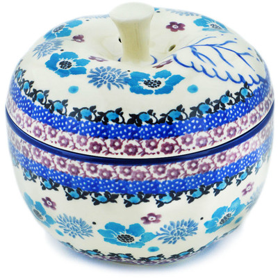 Polish Pottery Apple Shaped Jar 5&quot; Blooming Blues