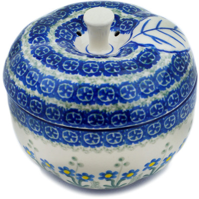 Polish Pottery Apple Shaped Jar 5&quot; Blue Daisy Circle