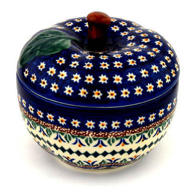 Polish Pottery Apple Shaped Jar 5&quot; Floral Peacock UNIKAT