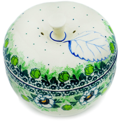 Polish Pottery Apple Shaped Jar 5&quot; Green Flora