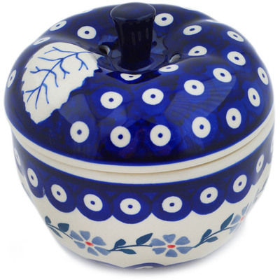 Polish Pottery Apple Shaped Jar 5&quot; Peacock Forget-me-not