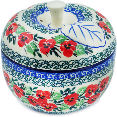 Polish Pottery Apple Shaped Jar 5&quot; Red Pansy