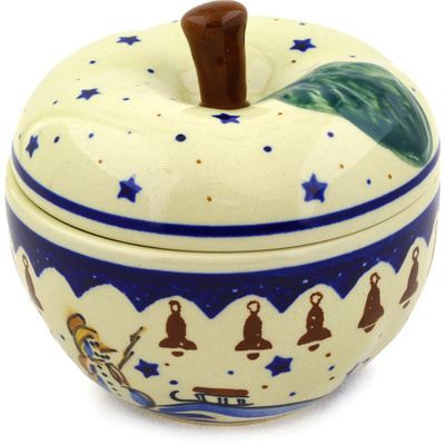 Polish Pottery Apple Shaped Jar 5&quot; Winter Snowman