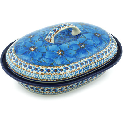 Polish Pottery Baker with Cover 10&quot; Blue Poppies UNIKAT