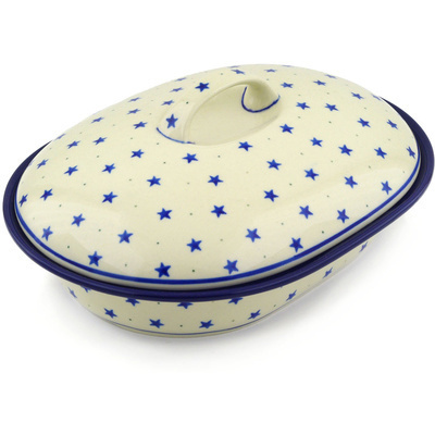 Polish Pottery Baker with Cover 10&quot; Blue Star Sprinkle