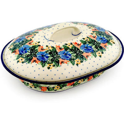 Polish Pottery Baker with Cover 10&quot; Dotted Floral Wreath UNIKAT