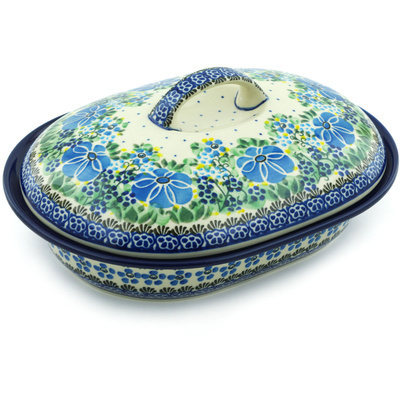 Polish Pottery Baker with Cover 10&quot; Morning Glory UNIKAT
