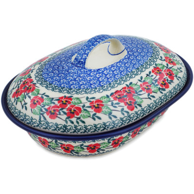 Polish Pottery Baker with Cover 10&quot; Red Pansy