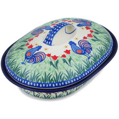 Polish Pottery Baker with Cover 10&quot; Spring Chickens UNIKAT
