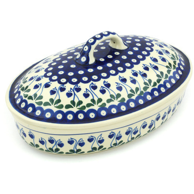 Polish Pottery Baker with Cover 12&quot; Bleeding Heart Peacock
