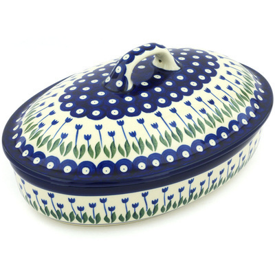 Polish Pottery Baker with Cover 12&quot; Blue Tulip Peacock