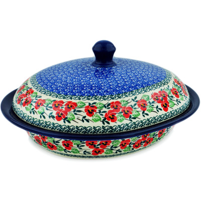 Polish Pottery Baker with Cover 12&quot; Red Pansy