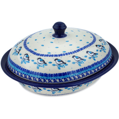 Polish Pottery Baker with Cover 12&quot; Winter Sparrow