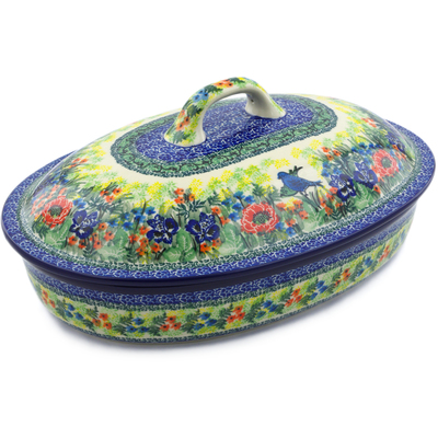 Polish Pottery Baker with Cover 14&quot; Blue Bird Meadow UNIKAT