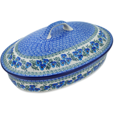 Polish Pottery Baker with Cover 14&quot; Blue Pansy