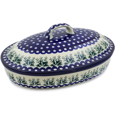 Polish Pottery Baker with Cover 14&quot; Peacock With Grass