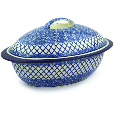 Polish Pottery Baker with Cover 16&quot; Blue Harmony