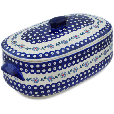 Polish Pottery Baker with Cover 18&quot; Peacock Forget-me-not