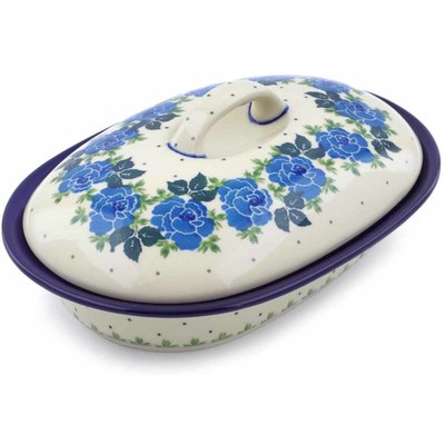 Polish Pottery Baker with Cover 8&quot; Blue Rose