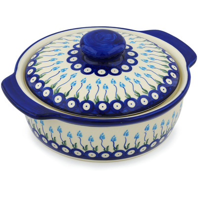 Polish Pottery Baker with Cover with Handles 11&quot; Peacock Tulip Garden
