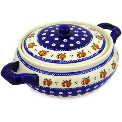 Polish Pottery Baker with Cover with Handles 12&quot; Country Apple Peacock