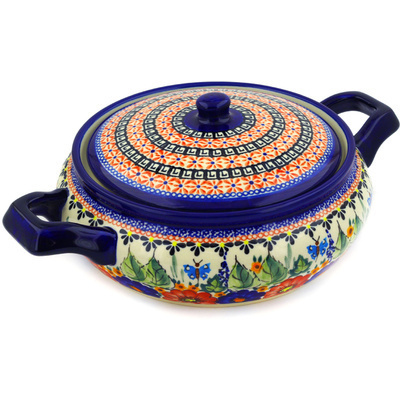 Polish Pottery Baker with Cover with Handles 12&quot; Spring Splendor UNIKAT