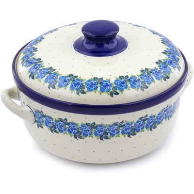 Polish Pottery Baker with Cover with Handles 14&quot; Blue Rose