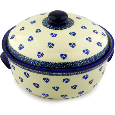 Polish Pottery Baker with Cover with Handles 15&quot; Forget Me Not Dots