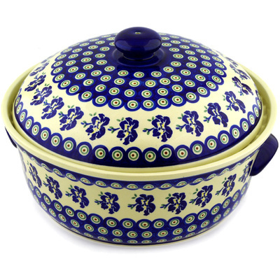 Polish Pottery Baker with Cover with Handles 15&quot; Royal Iris Peacock