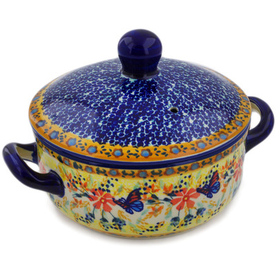 Polish Pottery Baker with Cover with Handles 8&quot; Butterfly Summer Garden UNIKAT