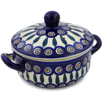 Polish Pottery Baker with Cover with Handles 8&quot; Peacock