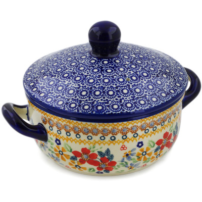 Polish Pottery Baker with Cover with Handles 8&quot; Summer Bouquet UNIKAT