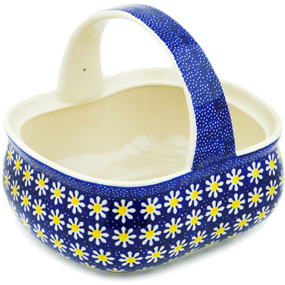 Polish Pottery Basket with Handle 10&quot; Daisy