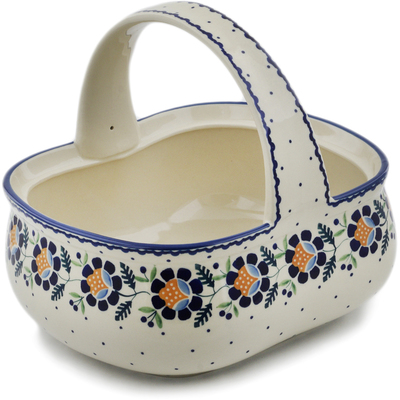 Polish Pottery Basket with Handle 10&quot; Orange And Blue Flower