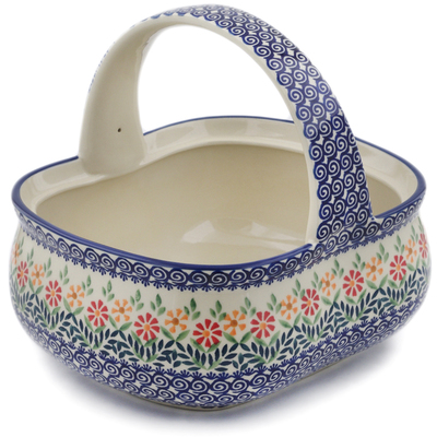 Polish Pottery Basket with Handle 10&quot; Wave Of Flowers