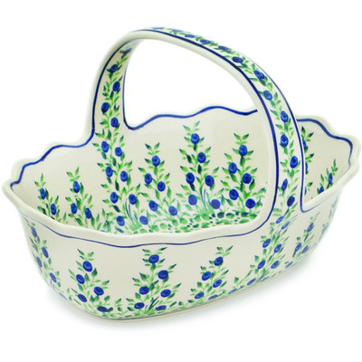 Polish Pottery Basket with Handle 11&quot; Blue Dream