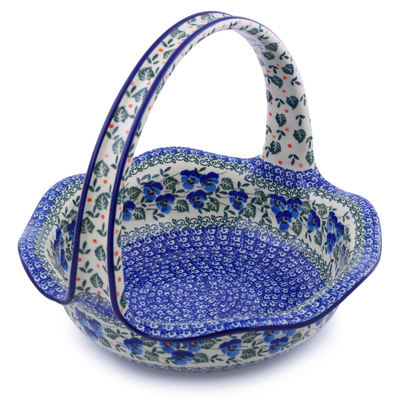 Polish Pottery Basket with Handle 11&quot; Blue Pansy