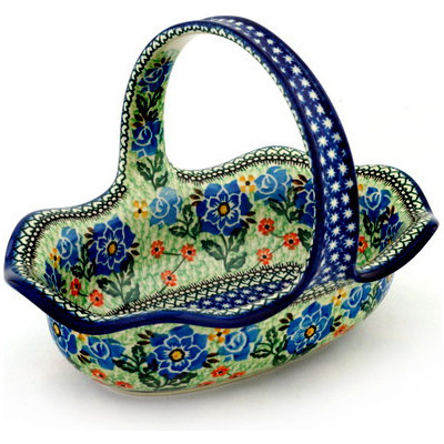Polish Pottery Basket with Handle 11&quot; Presence Of Love UNIKAT