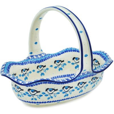 Polish Pottery Basket with Handle 11&quot; Winter Sparrow