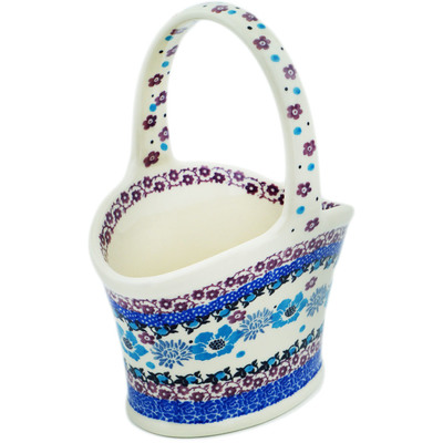 Polish Pottery Basket with Handle 7&quot; Blooming Blues