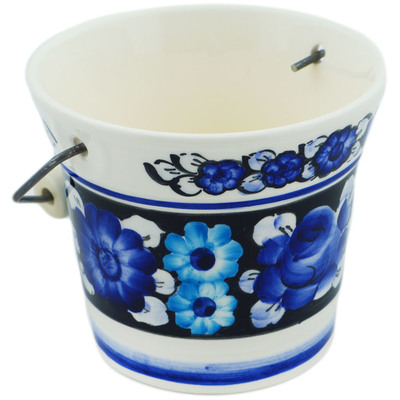 faience Basket with Handle 7&quot; Cobalt Flowers
