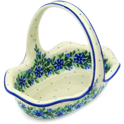Polish Pottery Basket with Handle 8&quot; Blue Bell Wreath