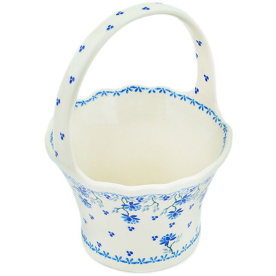 Polish Pottery Basket with Handle 8&quot; Blue Grapevine