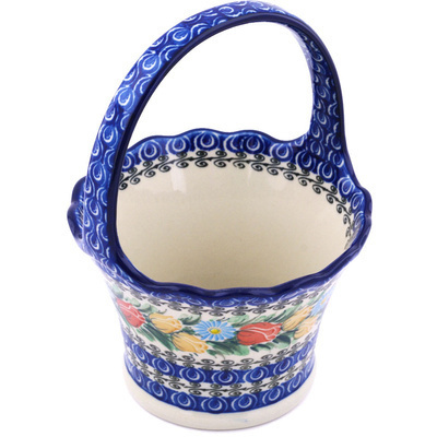 Polish Pottery Basket with Handle 8&quot; Breathtaking Tulips UNIKAT
