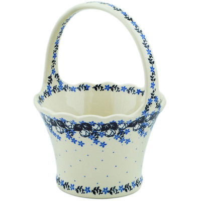Polish Pottery Basket with Handle 8&quot; Flowers At Dusk