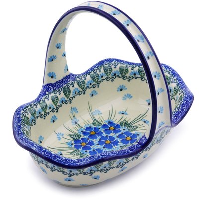 Polish Pottery Basket with Handle 8&quot; Forget Me Not UNIKAT
