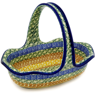 Polish Pottery Basket with Handle 8&quot; Grecian Sea